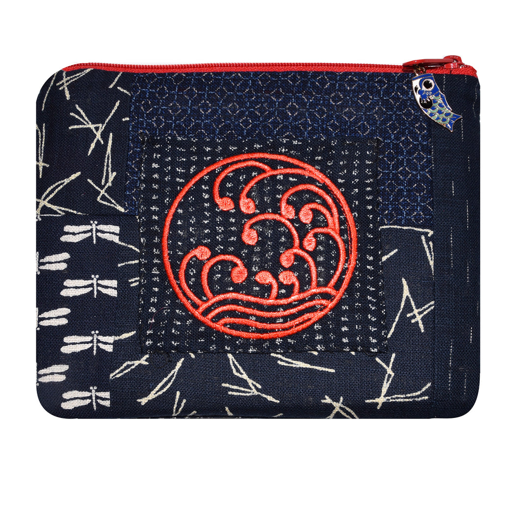 Embroidered Indigo Patchwork Zippered Padded Case with Koi Zipper Pull