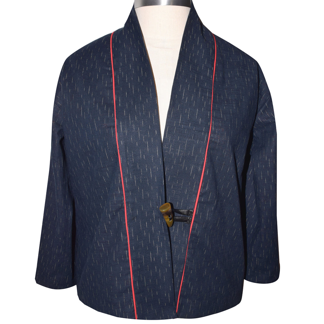 Japanese Indigo Raindrops Cotton Kimono Jacket with Contrast Neckband