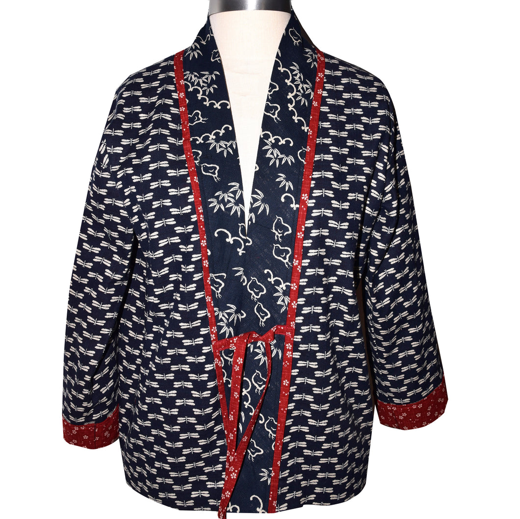Handcrafted Indigo Print Kimono Jacket with Contrast Neckband