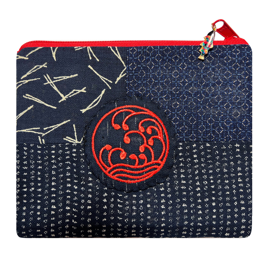 Indigo BlueZippered Padded Case with Koi Zipper Pull and Japanese Embroidery