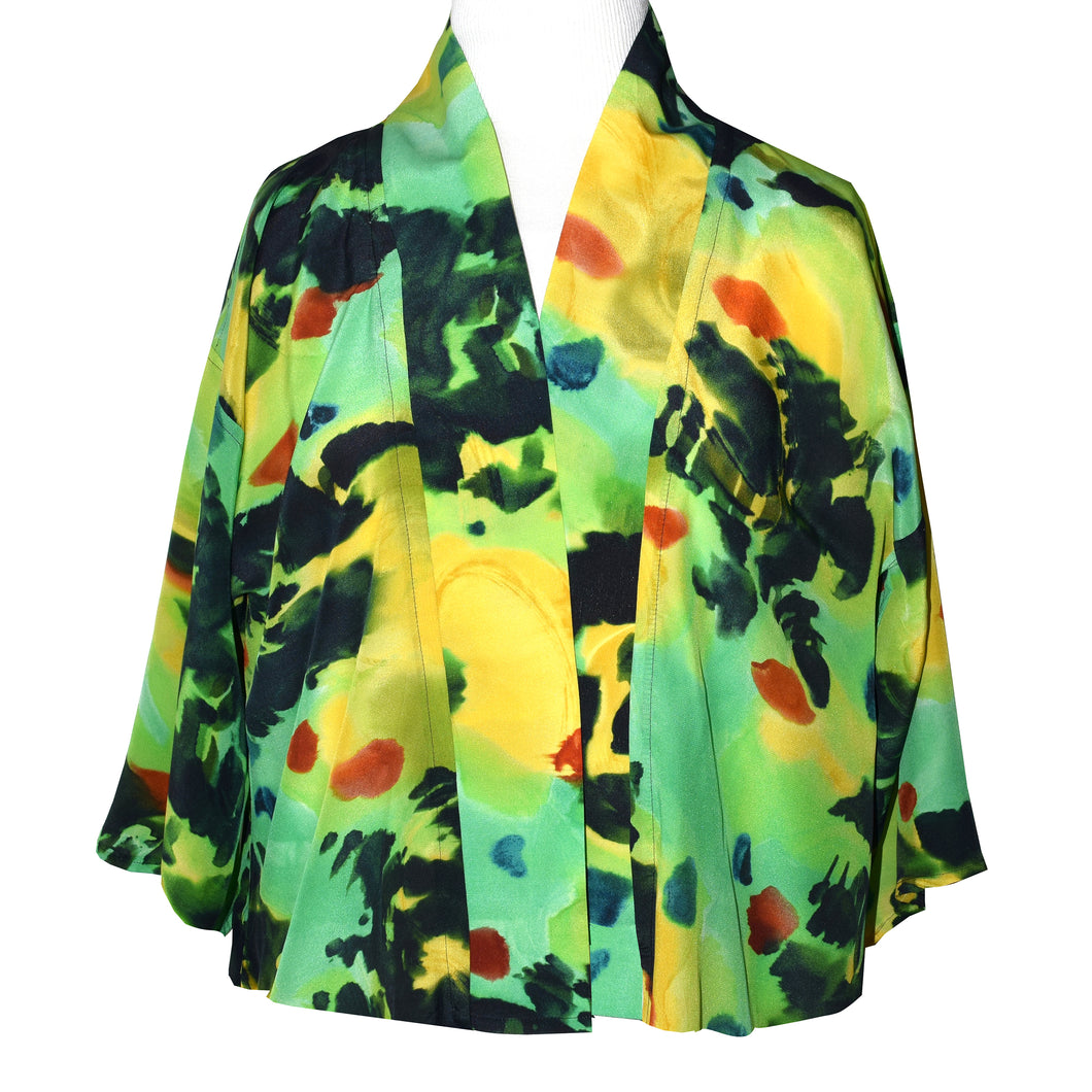 Lime Green Print Crepe de Chine Silk Kimono Jacket