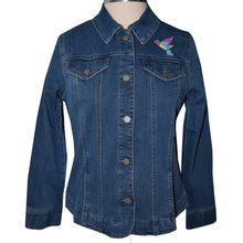 Load image into Gallery viewer, Hummingbird &amp; Pink Floral Embroidered Blue Denim Stretch Jacket LG
