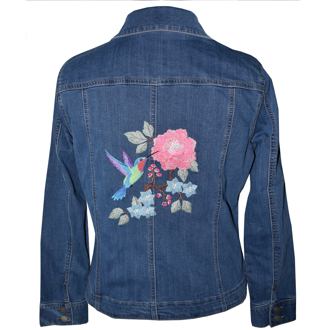 Hummingbird & Pink Floral Embroidered Blue Denim Stretch Jacket LG