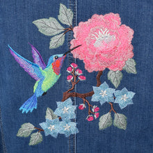 Load image into Gallery viewer, Hummingbird &amp; Pink Floral Embroidered Blue Denim Stretch Jacket LG

