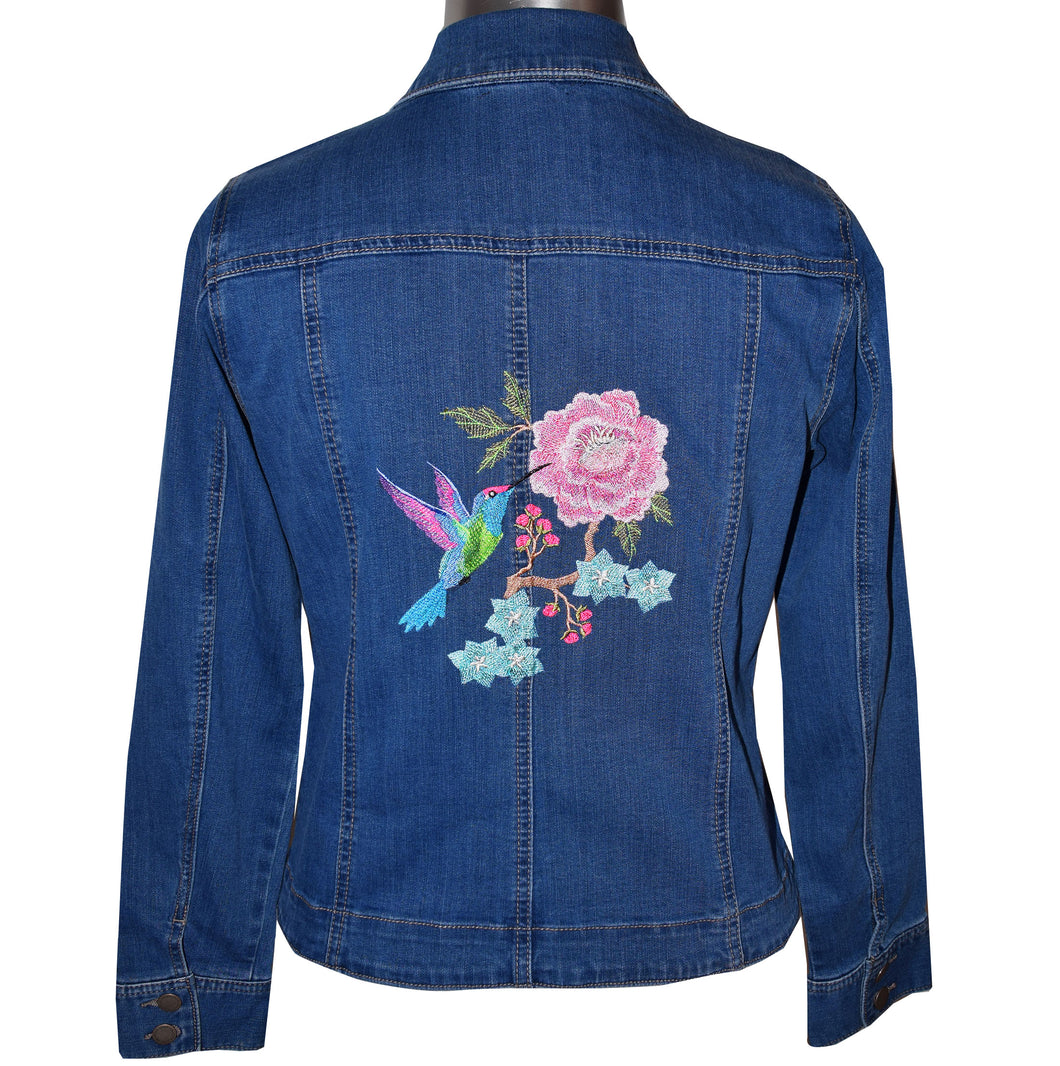 Stunning Hummingbird Floral Embroidered Blue Denim Jacket S