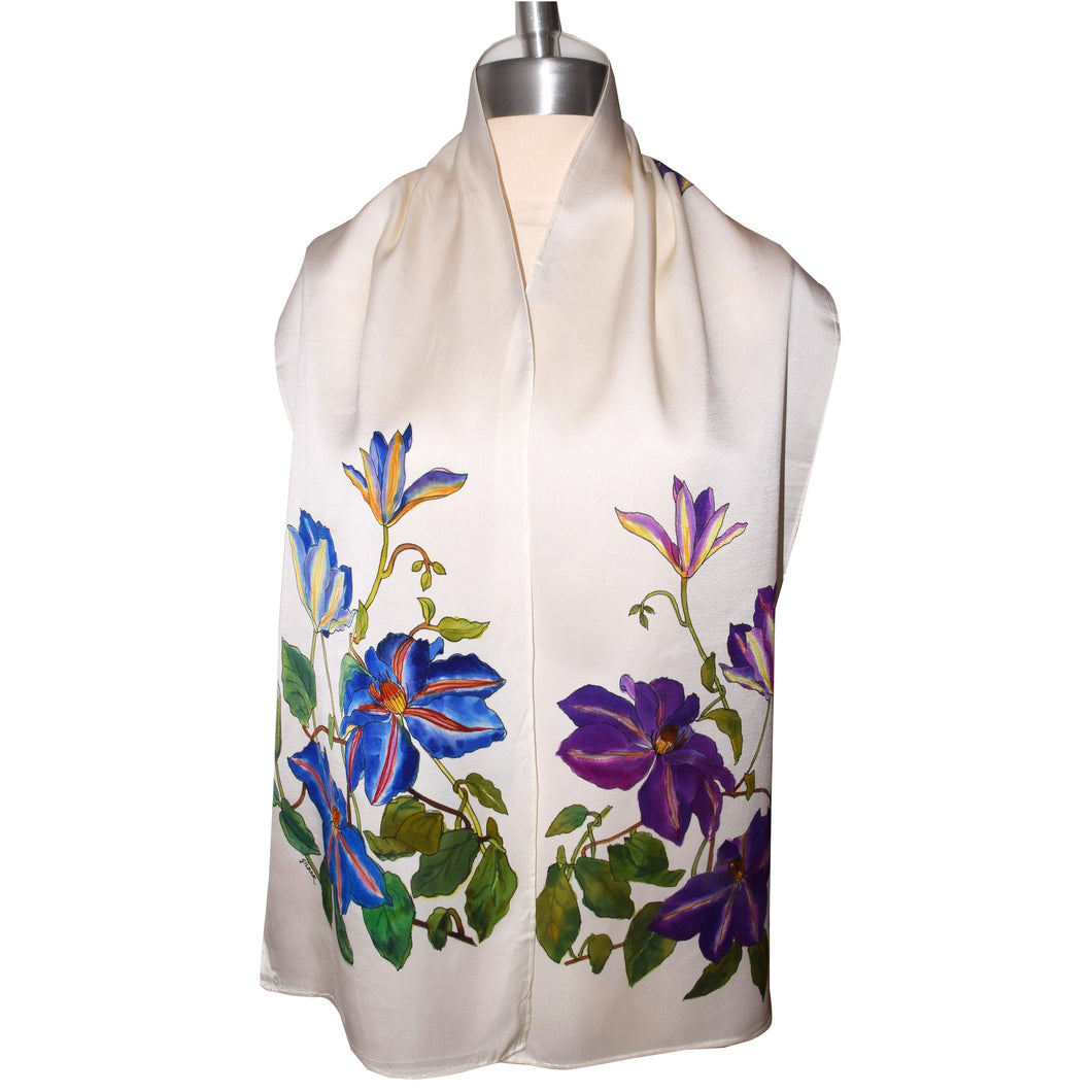 Beautifully Handpainted Clematis Floral Silk Scarf/Wrap