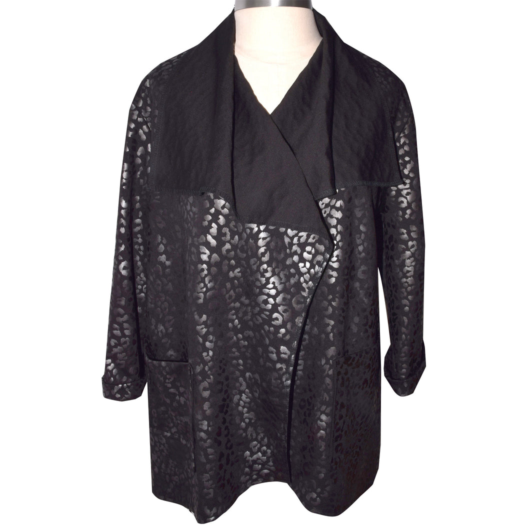 Handsome Silver on Black Print Ponte Open Jacket with Contrast Roll Collar