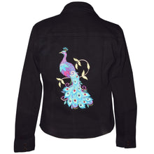 Load image into Gallery viewer, Embroidered Peacock Black Denim Stretch Jacket LG
