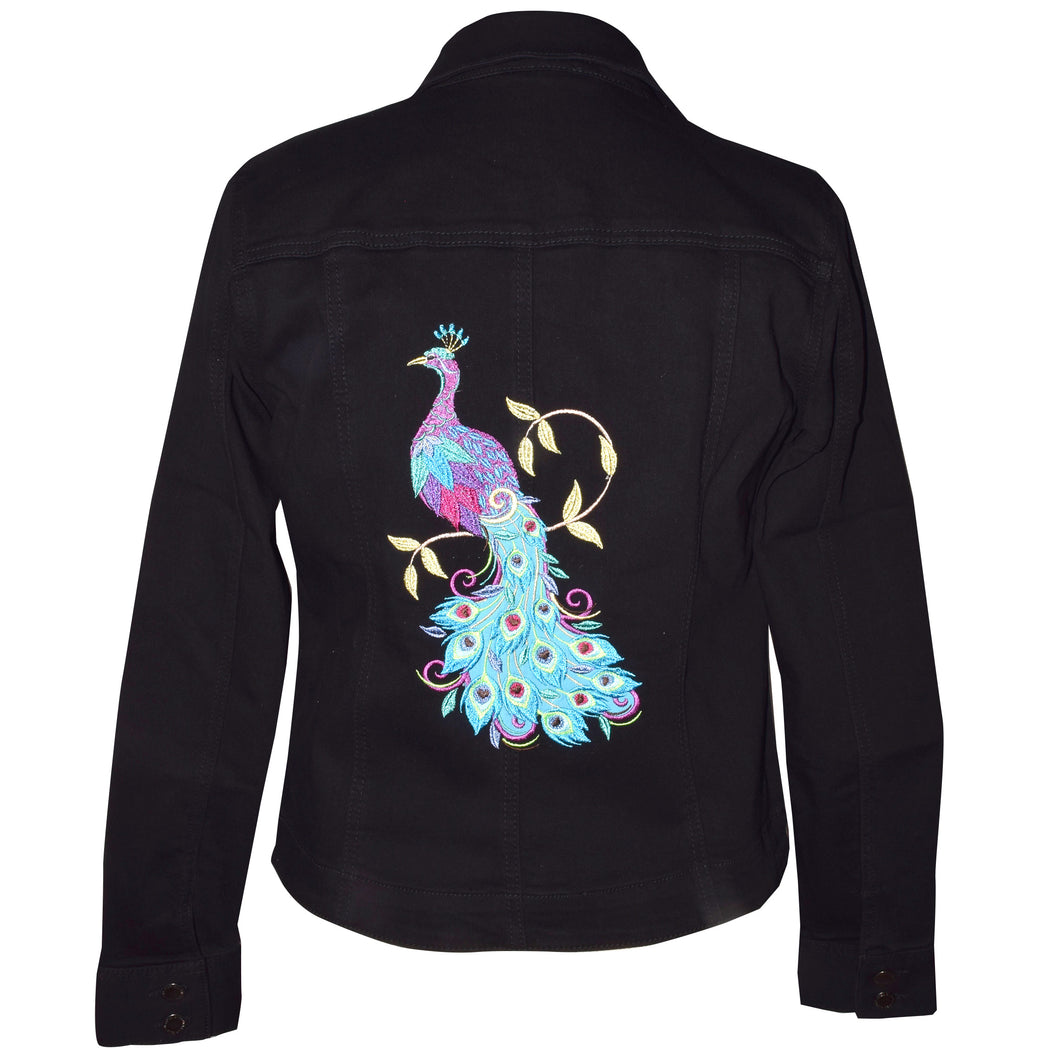 Embroidered Peacock Black Denim Stretch Jacket LG