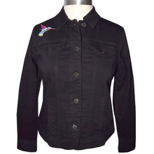 Load image into Gallery viewer, Embroidered Peacock Black Denim Stretch Jacket SM
