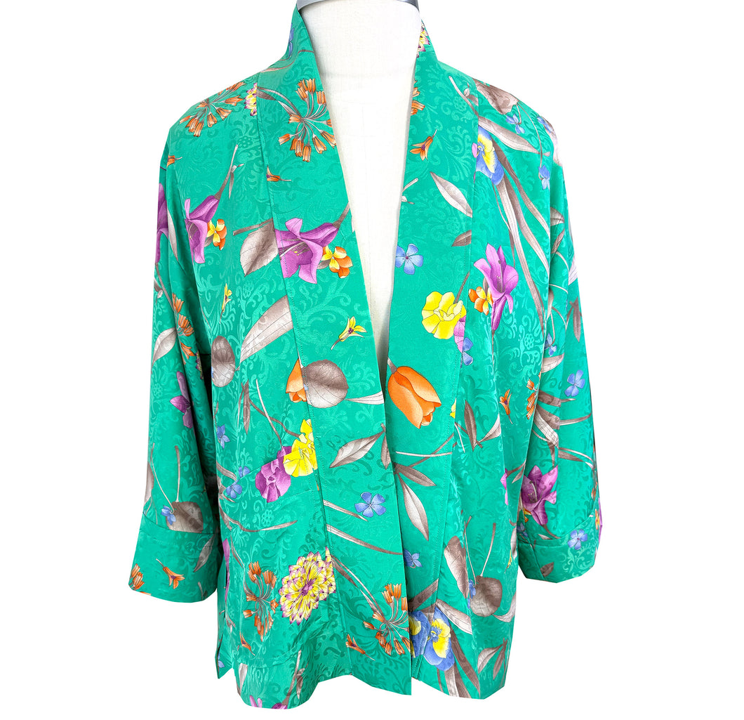 Elegant Lime Green Floral Print Silk Jacquard Kimono Jacket