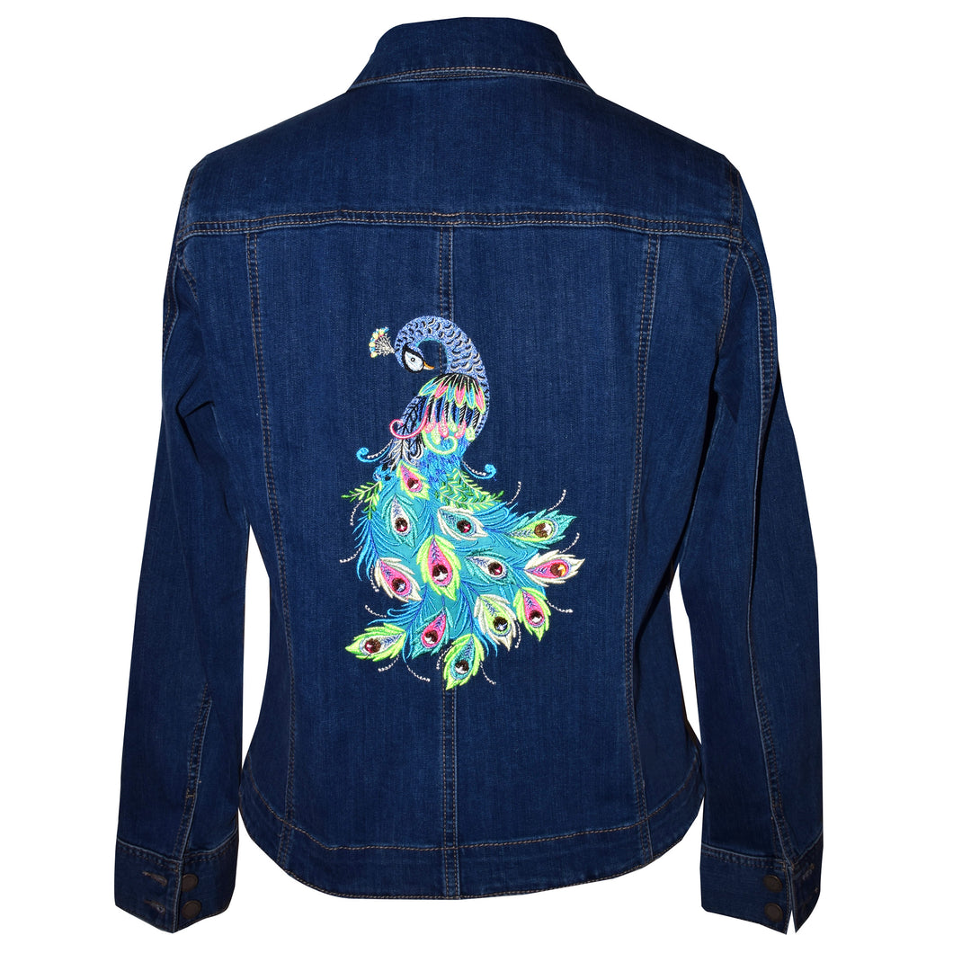 Peacock Embroidered Blue Denim Stretch Jacket LG