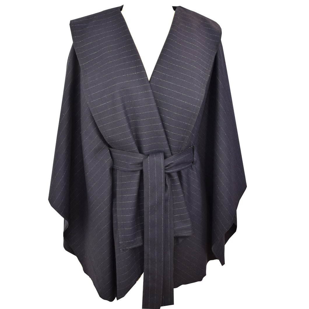 Classy Soft Cashmere Black Striped Open Cape with Tie Belt