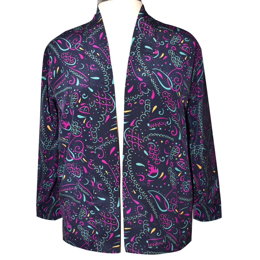 Handsome Crepe de Chine Silk Navy Print Kimono Jacket