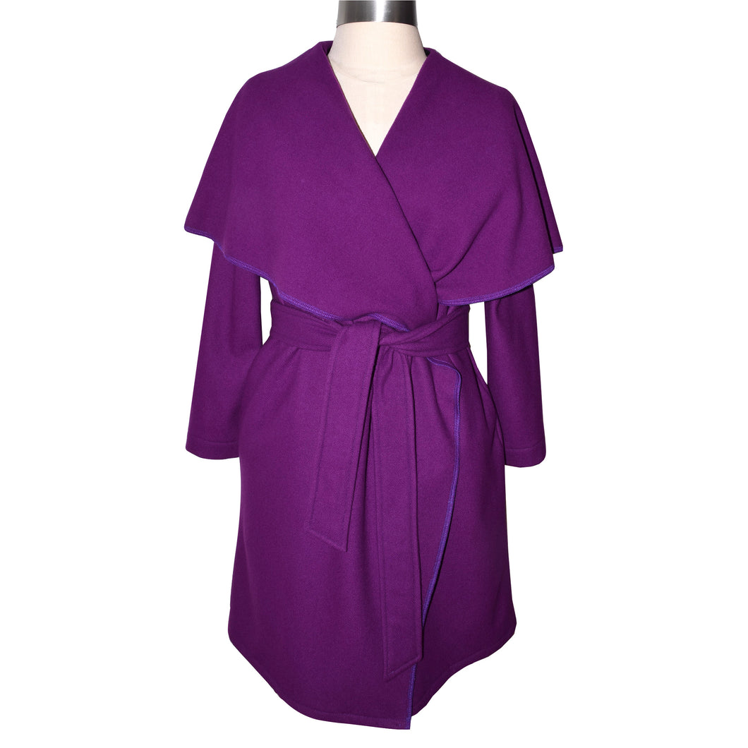 Elegant Royal Purple Cashmere Wool Blend Wrap Coat Jacket