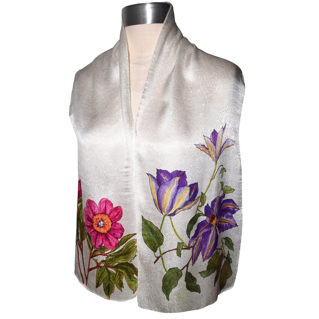 Clematis and Peony Floral Hand Painted Jacquard Silk Scarf