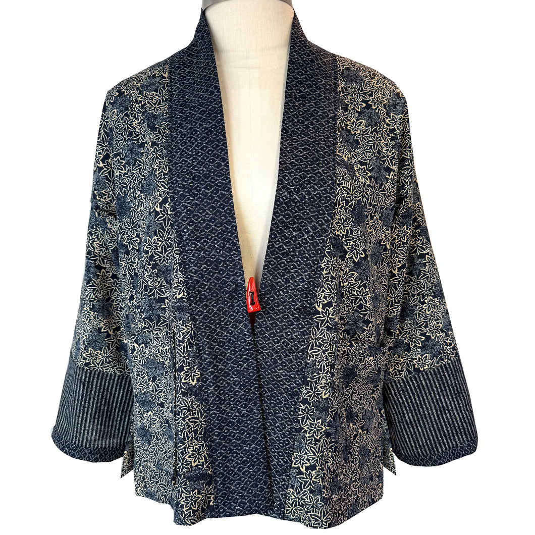 Japanese Indigo Kimono Style Jacket with Contrast Neckband