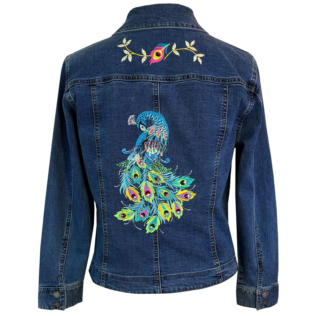 Peacock Embroidered Blue Denim Stretch Jacket LG