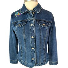 Load image into Gallery viewer, Peacock Swirl Embroidered Blue Denim Stretch Jacket M
