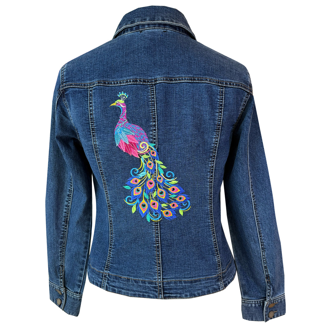 Peacock Swirl Embroidered Blue Denim Stretch Jacket M