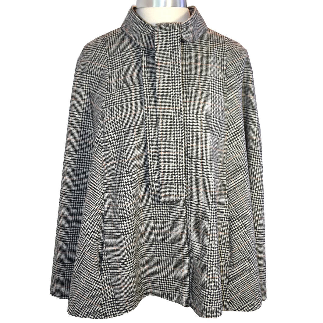 Black Plaid Wool Cape with Tie
