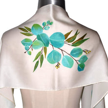 Load image into Gallery viewer, Elegant Turquoise Eucalyptus White Charmeuse Silk Scarf
