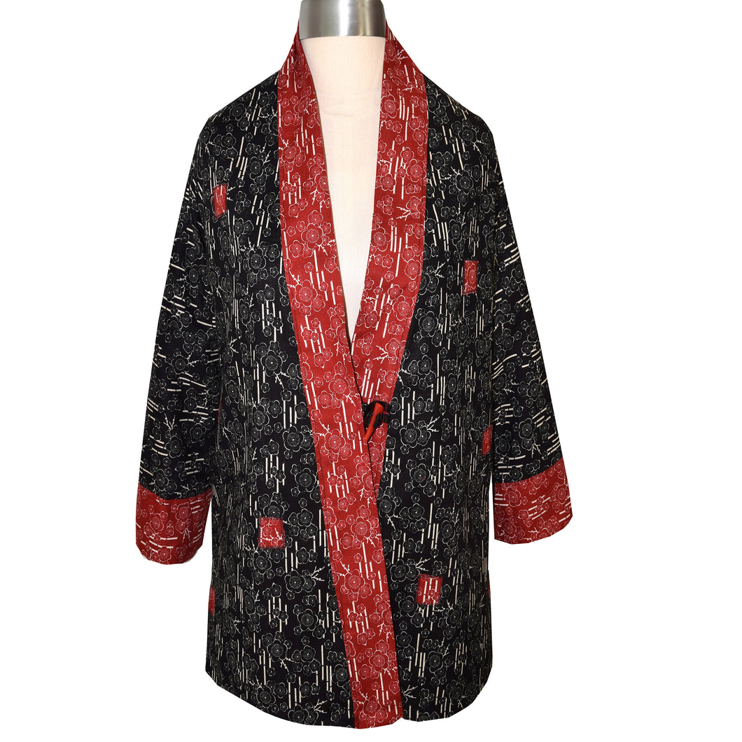 Japanese Black Print Kimono Jacket with Red Contrast Neckband