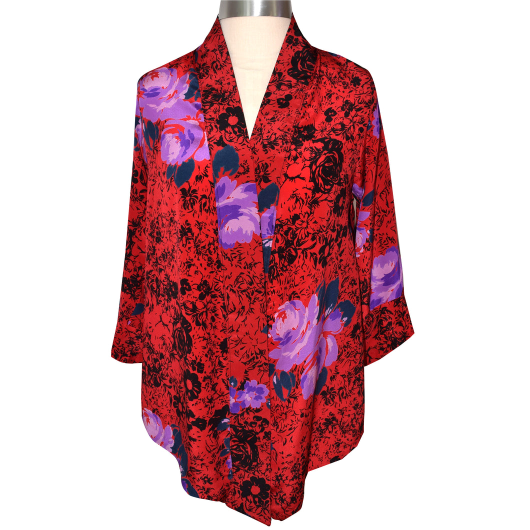 Stunning Crepe de Chine Red Floral Silk Print Kimono Jacket