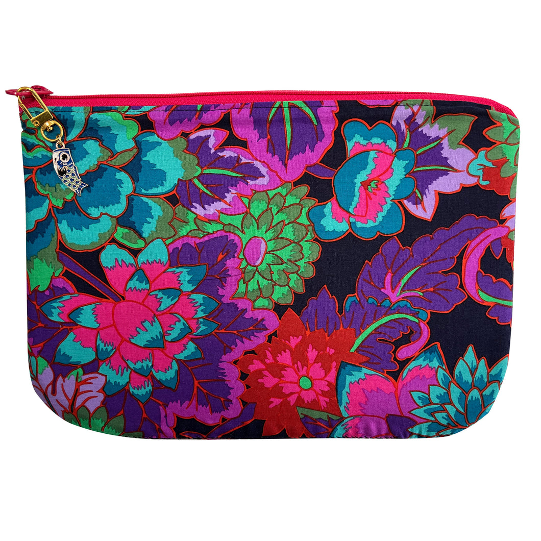 Lovely Zippered Lined Pouch with Floral Fabric and Koi Zipper Pull
