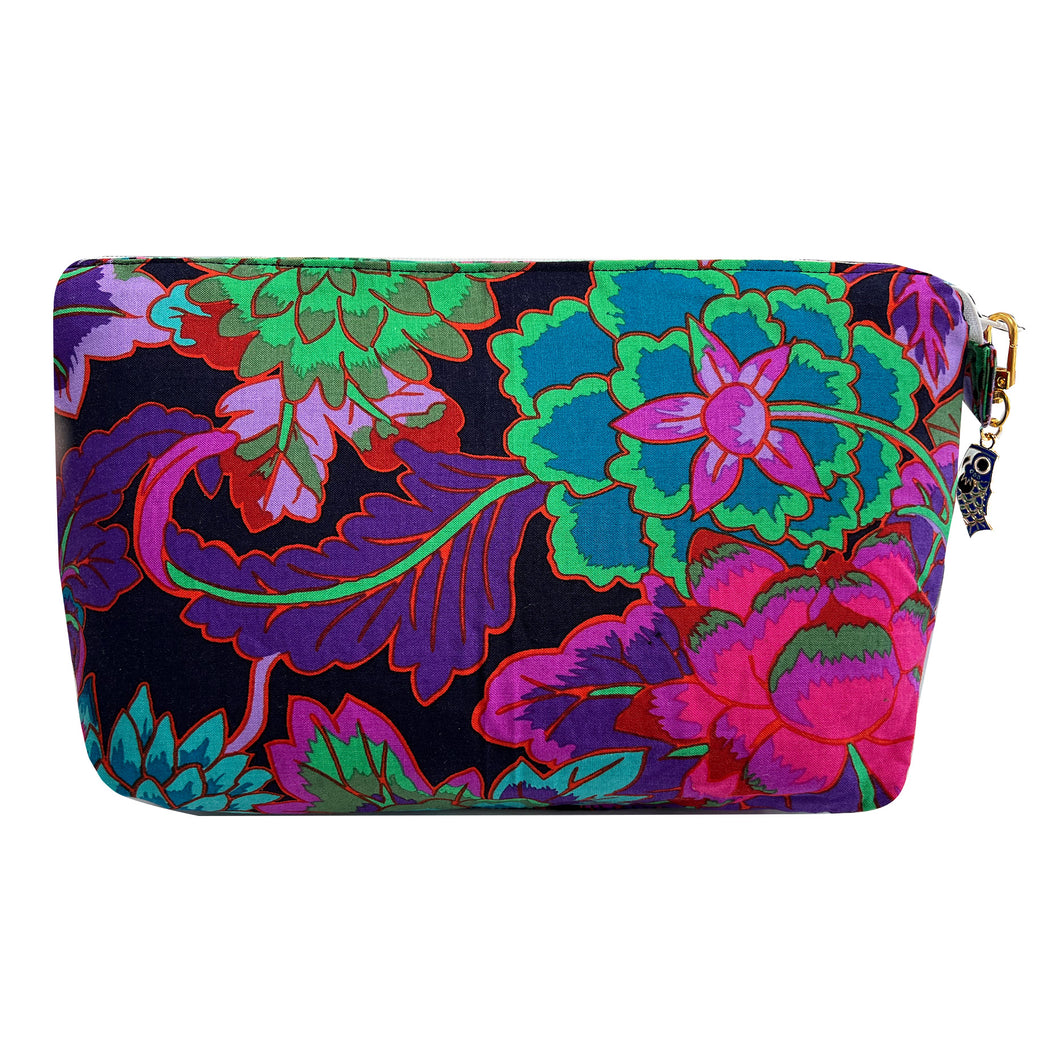 Beautiful Zippered Lined Pouch with Floral Fabric and Koi Zipper Pull