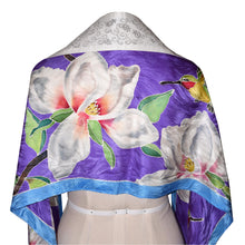 Load image into Gallery viewer, Lavender Handpainted Hummingbird Magnolia Silk Tallit Prayer Shawl
