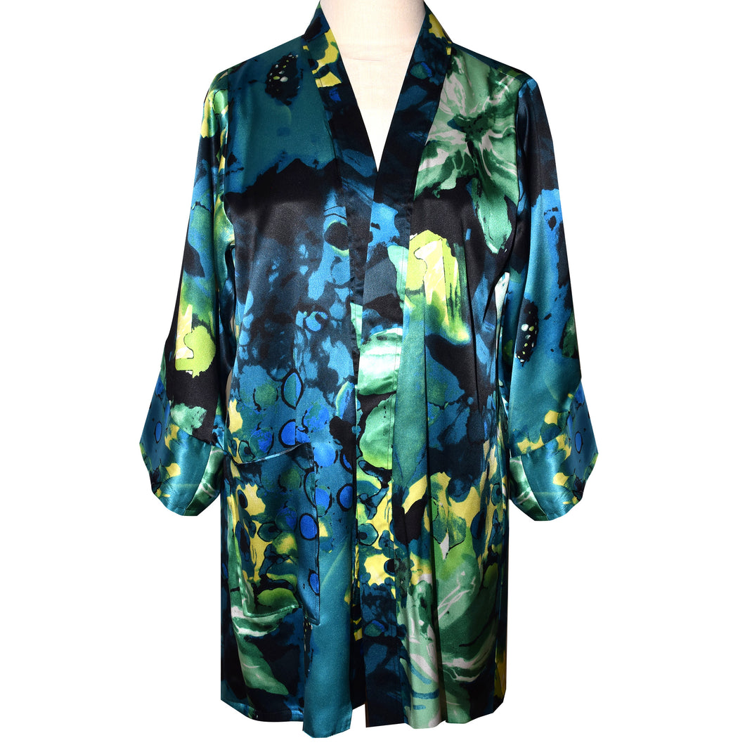 Floral Printed Charmeuse Silk Kimono Jacket in Turquoise, Lime and Yellow