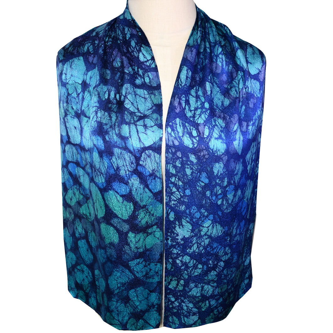 Hand Painted Cyan Blue Aqua Abstract Silk Scarf