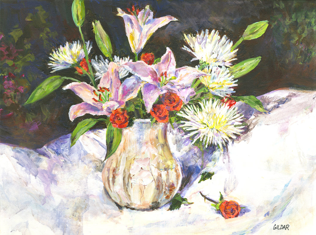 Flowers in White Vase, Acrylic Painting