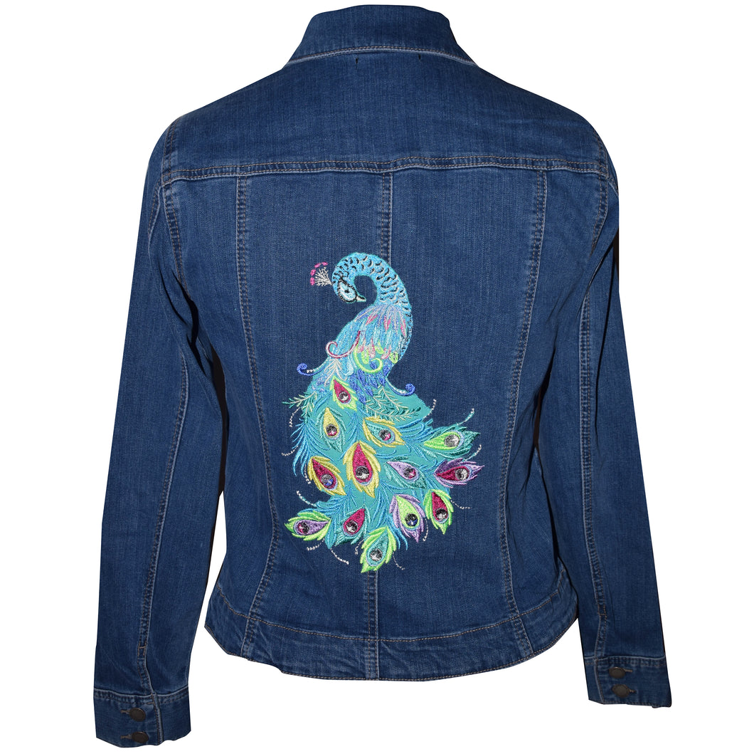 Blue Denim Jeans Jacket with Stunning Peacock Embroidery