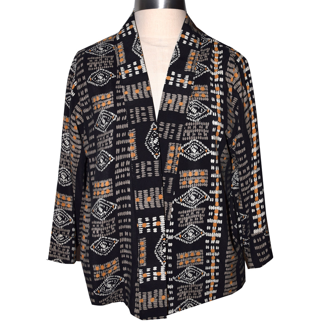 Luxurious Crepe de Chine Silk Kimono Jacket in Gold and Black Pattern