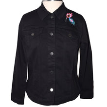 Load image into Gallery viewer, Embroidered Peacock Floral Black Denim Jacket LG
