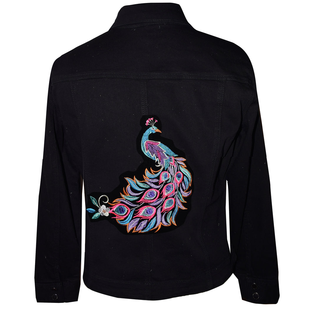 Embroidered Peacock Floral Black Denim Jacket LG