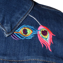 Load image into Gallery viewer, Embroidered Peacock Floral Blue Denim Jacket M
