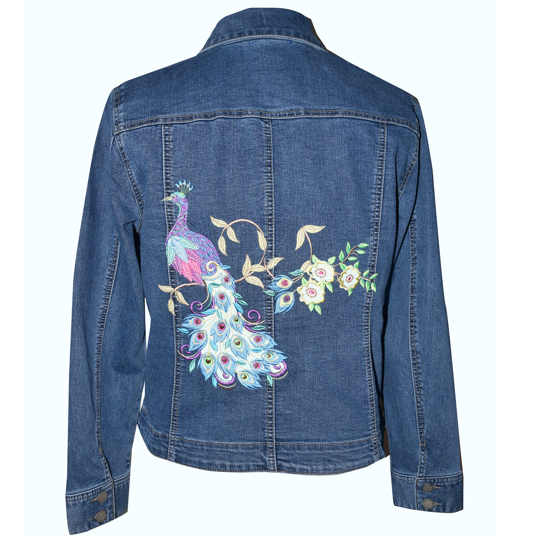 Custom Fashionable Embroidered Peacock with Floral Blue Denim Jacket SM