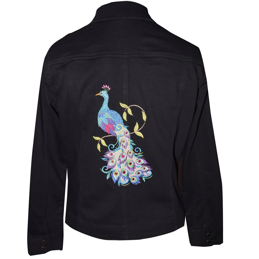 Embroidered Peacock Black Denim Jacket LG