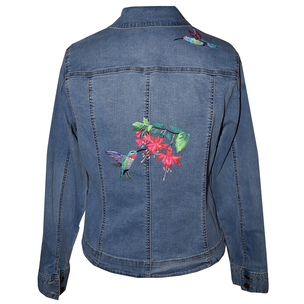 Custom Embroidered Hummingbird Blue Denim Stretch Jacket SM