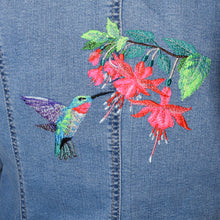 Load image into Gallery viewer, Custom Embroidered Hummingbird Blue Denim Stretch Jacket SM
