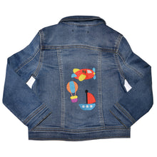 Load image into Gallery viewer, Child’s Embroidered Truck, Airplane, Balloon Blue Denim Jeans Jacket, 4T
