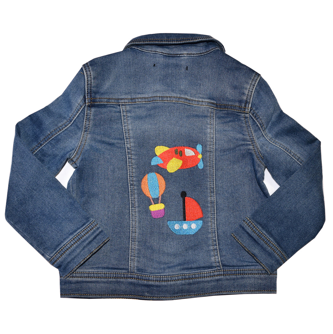 Child’s Embroidered Truck, Airplane, Balloon Blue Denim Jeans Jacket, 4T