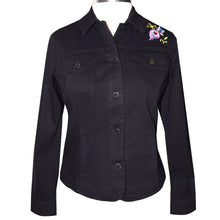 Load image into Gallery viewer, Embroidered Peacock Floral Black Denim Jacket M
