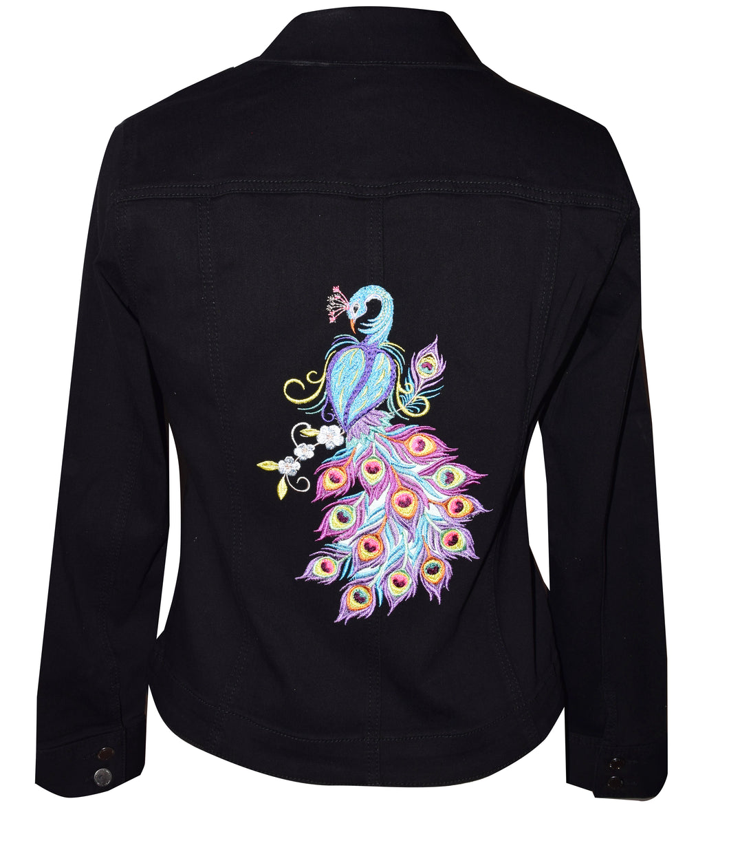 Embroidered Peacock Floral Black Denim Jacket M