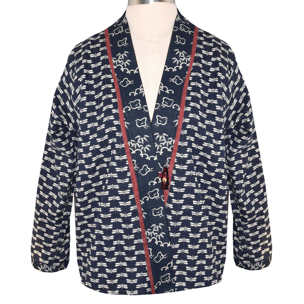 Japanese Deep Indigo Cotton Kimono Jacket with Contrast Neckband and Horn Button