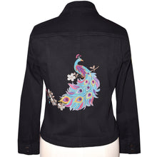 Load image into Gallery viewer, Peacock with Floral Embroidery Black Denim Jacket Med
