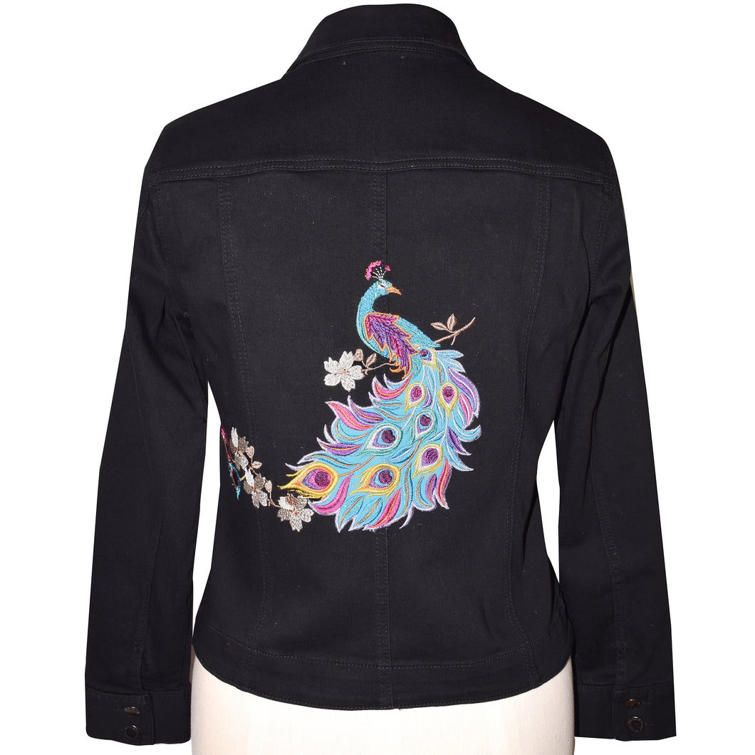 Peacock with Floral Embroidery Black Denim Jacket Med